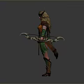 Warrior Costume Featuring Horned Helmet Orange Top Green Arm Wraps Leather Belt Leg Wraps Boots