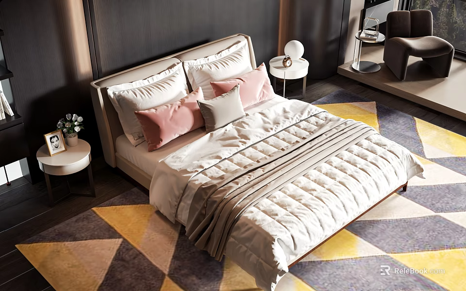 Modern Double Bed With Soft Bedding Pink Gray Pillows Geometric Rug And Side Tables 3d model 