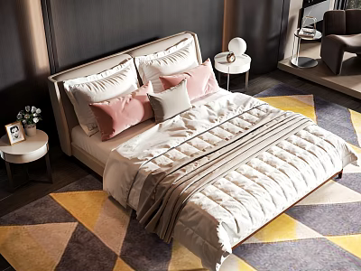 Modern Double Bed With Soft Bedding Pink Gray Pillows Geometric Rug And Side Tables 3d model