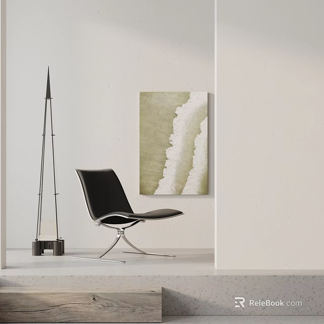 Black Leather Leisure Chair With Metal Frame And Green White Abstract Painting In Modern Interior 3d model 