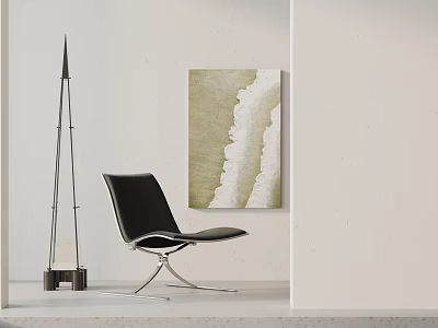 Black Leather Leisure Chair With Metal Frame And Green White Abstract Painting In Modern Interior 3d model
