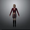 3D Female Model With Blonde Hair Maroon Cardigan Patterned Skirt And Black Boots