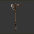 Ornate Mythical Axe Weapon With Carved Handle And Winged Blade Design