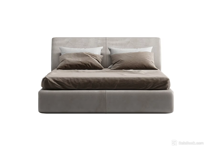 Modern Upholstered Double Bed Gray Frame With Brown Pillows And White Cushions 3d model
