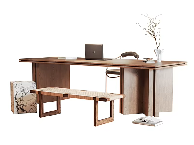 Modern Wooden Desk Workspace With Laptop Chair Bench Vase With Branches And Open Book 3d model