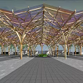 Wooden Arched Sunshade Canopy With Transparent Roof And Supporting Columns