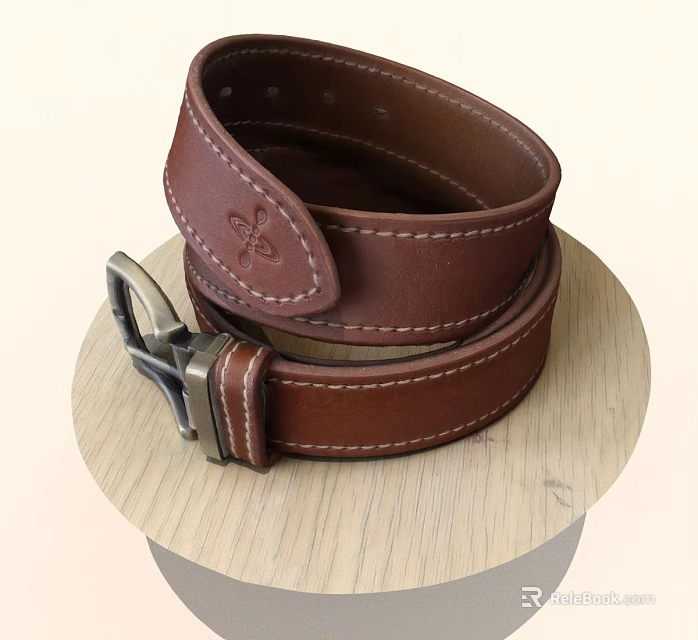 Brown Leather Belt With Stitching And Metal Buckle On Wooden Surface 3d model 