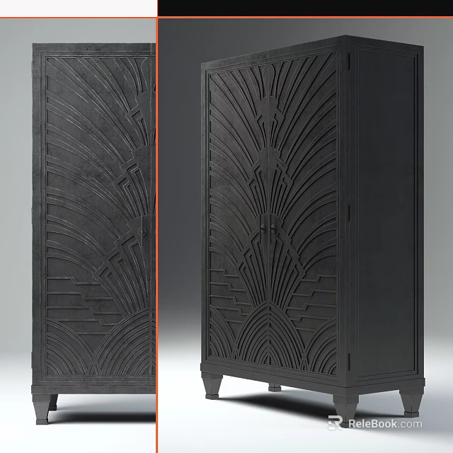 Elegant Black Art Deco Wardrobe Design With Carved Fan Shaped Motifs And Geometric Lines 3d model 