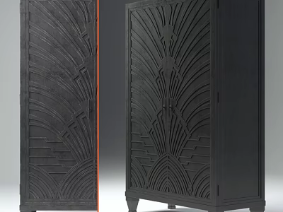 Elegant Black Art Deco Wardrobe Design With Carved Fan Shaped Motifs And Geometric Lines 3d model