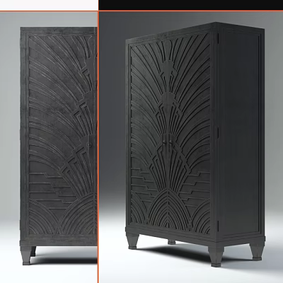 Elegant Black Art Deco Wardrobe Design With Carved Fan Shaped Motifs And Geometric Lines 3d model
