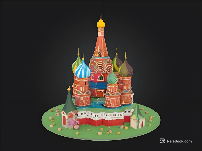 Colorful Paper Craft Model of Moscow Russia with Onion Domes and Green Base 3d model 