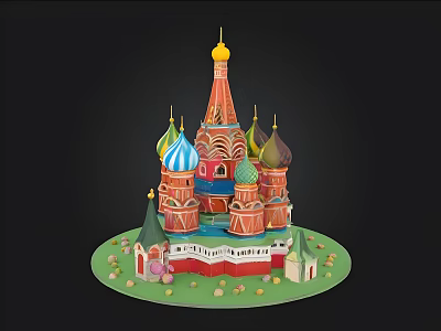 Colorful Paper Craft Model of Moscow Russia with Onion Domes and Green Base 3d model