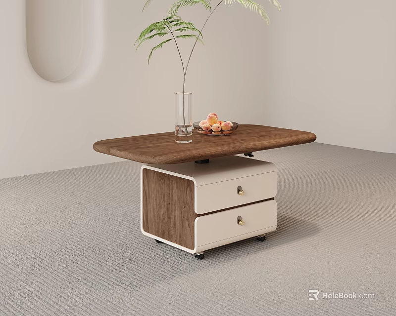 Modern Coffee Table With Wooden Top White Drawers Clear Vase Green Plant And Fruit Plate 3d model 