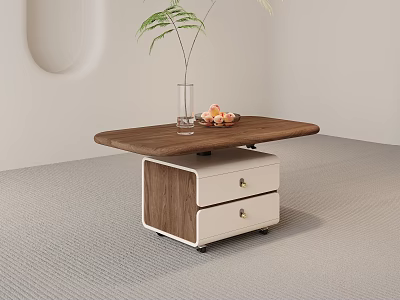 Modern Coffee Table With Wooden Top White Drawers Clear Vase Green Plant And Fruit Plate 3d model