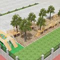 Kindergarten Outdoor Playground With Wooden Climbing Structure Slide Trees Sand And Grass