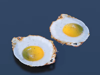 Two Delicious Crispy Edge Fried Eggs With Runny Yolks On Dark Background 3d model