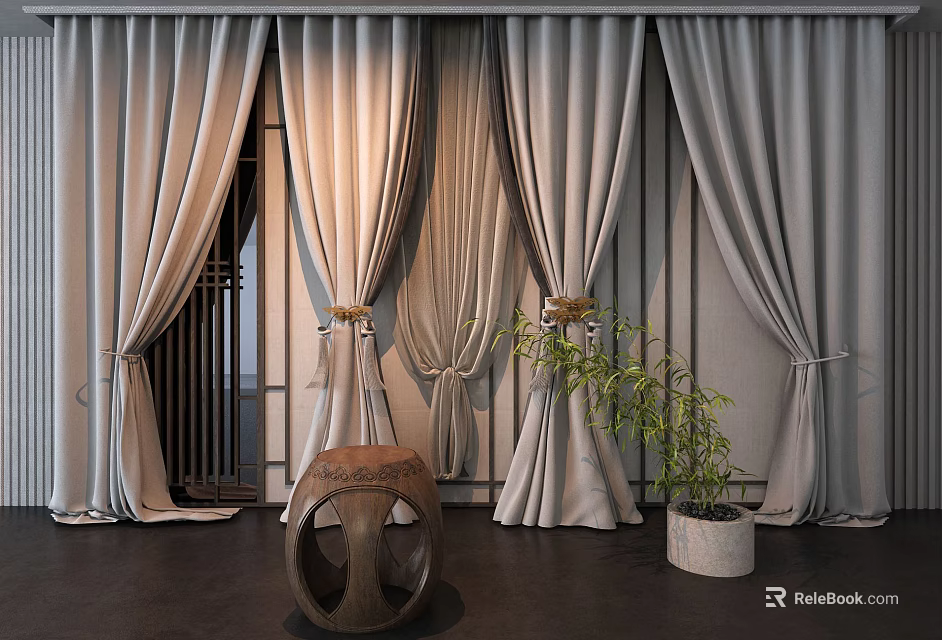 Elegant Light Gray Curtains with Tied Bands and Potted Plant Near Round Stool 3d model 