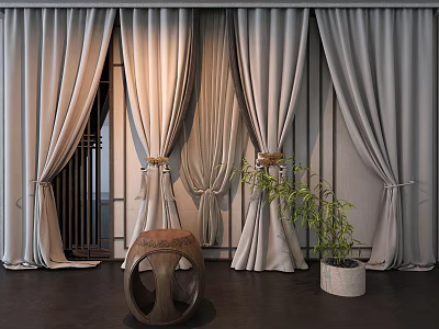 Elegant Light Gray Curtains with Tied Bands and Potted Plant Near Round Stool 3d model