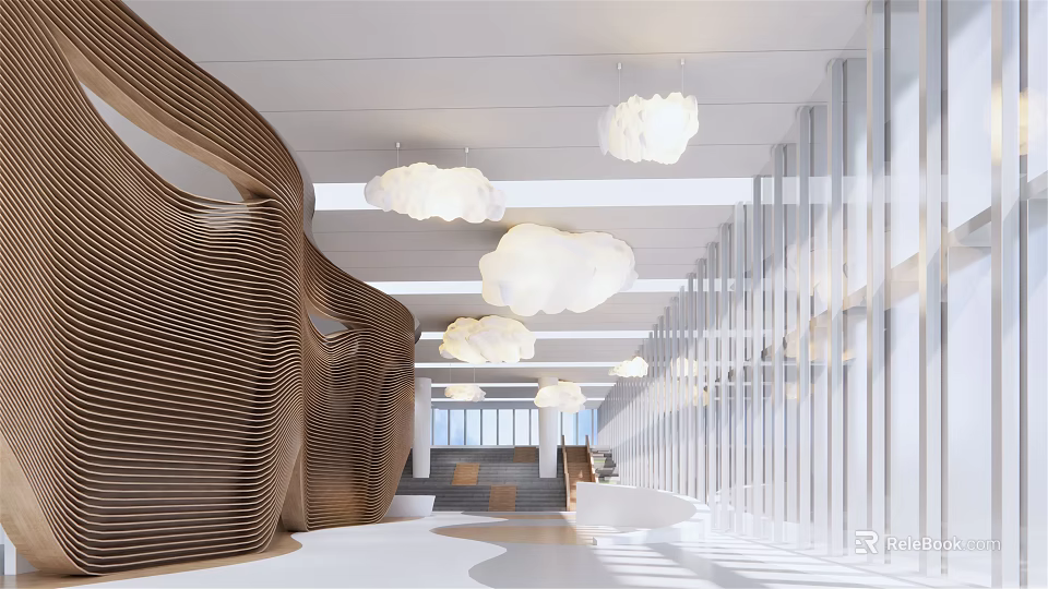 Modern Front Desk Reception Area With Wooden Paneling Cloud Pendant Lights And Glass Partitions 3d model 