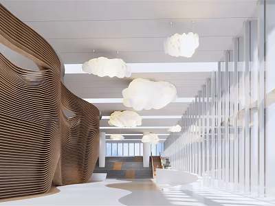 Modern Front Desk Reception Area With Wooden Paneling Cloud Pendant Lights And Glass Partitions 3d model