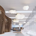 Modern Front Desk Reception Area With Wooden Paneling Cloud Pendant Lights And Glass Partitions