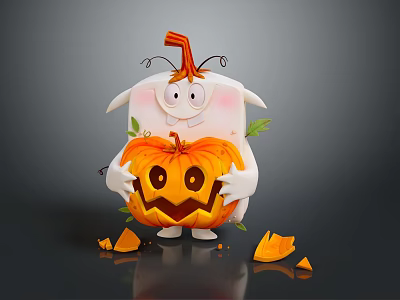 Cute White Game Movie Character Holding Smiling Jack O Lantern With Pumpkin Pieces Around 3d model