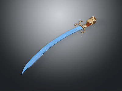 Decorative Curved Sword With Blue Steel Blade Golden Ornate Handle And Brown Leather Grip 3d model