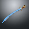 Decorative Curved Sword With Blue Steel Blade Golden Ornate Handle And Brown Leather Grip