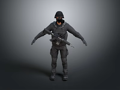 Game Movie Character 3D Model In Tactical Black Uniform With Helmet Gas Mask And Rifle 3d model