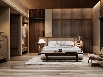 Serene Japanese style Hotel Guest Room Interior With Wooden Bedside Tables And Area Rug 3d model