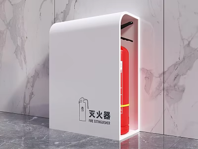 White Cabinet Enclosed Fire Extinguisher With Marble Wall And Gray Floor 3d model