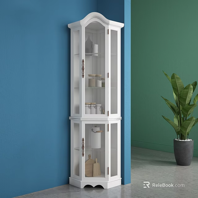 White Buffet Cabinet With Glass Doors And Storage Shelves Near Colorful Walls And Green Plant 3d model 