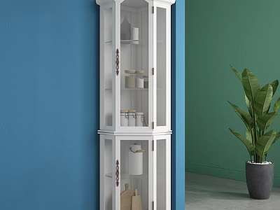 White Buffet Cabinet With Glass Doors And Storage Shelves Near Colorful Walls And Green Plant 3d model