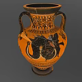 Ancient Style Two Handled Ceramic Vessel With Orange And Black Decorative Painted Patterns