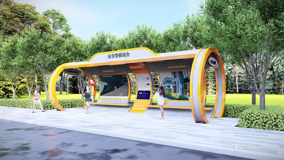 Modern Bus Station With Yellow White Curved Shelter Information Display And Green Trees 3d model 