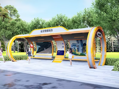 Modern Bus Station With Yellow White Curved Shelter Information Display And Green Trees 3d model