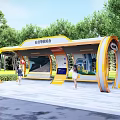 Modern Bus Station With Yellow White Curved Shelter Information Display And Green Trees