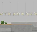 Modern Style Reception Desk With Wooden Countertop White Pendant Lights And Green Spherical Decorations