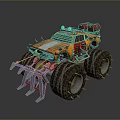 Orange Modified Utility Vehicle with Large Spiked Tires Front Claw and Red Components 3d model