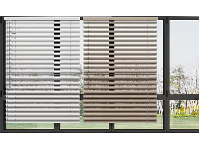 Gray And Brown Window Blinds Installed On Large Glass Windows With Natural Outdoor View 3d model