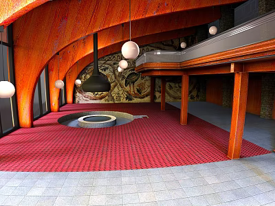 Hotel Lobby With Curved Wooden Structure Red Carpet And Hanging White Spherical Lights 3d model