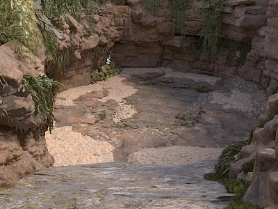 Natural Rocky Canyon Scene With Stone Steps Gravel Ground And Green Vines 3d model