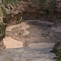 Natural Rocky Canyon Scene With Stone Steps Gravel Ground And Green Vines