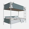 Modern Bunk Bed With Light Blue Mattress White Metal Ladder Soft Pillows And Blanket