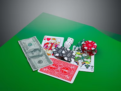 Green Table With Poker Chips Playing Cards Dollar Bills And Dice 3d model