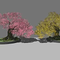 Vibrant Red And Yellow Leaf Trees With Thick Trunks On Decorative Base Platforms 3d model