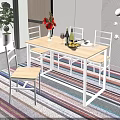 Light Wood Dining Table Set with White Chairs Red Flowers Wine Bottles Fruit Bowl