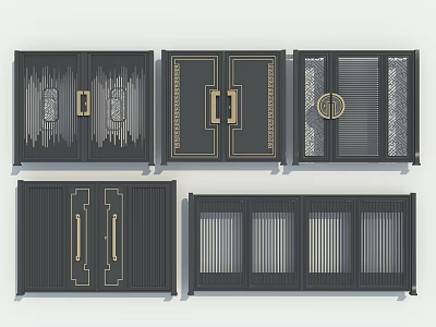 Modern Black Metal Entrance Doors With Golden Handles And Decorative Grille Designs 3d model