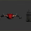 Red Hair Female Character In Red Tight Suit With Mechanical Arms And Hexagonal Hammer