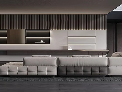 Modern Living Room Interior With Grey Sofa Striped Accent Wall White Cabinetry And Lighting 3d model